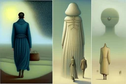 two humans seen from behind walking side by side in an empty foggy plain, above there is blue sky by artist "Leonora Carrington",by artist "Christian Schloe",by artist "Kay Sage"