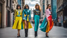 Nikon D850 with AF-S NIKKOR 24-70mm f/2.8E ED VR lens at f/5.6: [Two innovative friendly girls wearing strange, suave, bizarre, beautiful fashionable clothing] in a [parallel universe], showcasing [full-height figures from head to foot with intricate details], [vibrant colors and deep shadows], creating [a surreal and captivating atmosphere with precise textures and anatomy]. focus peaking enabled, Nikon Picture Control with enhanced color grading.