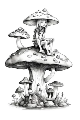 Watercolor black and white elf seated on a mushroom