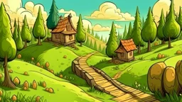 Cartoon style: far far away, down the hill between trees, a very small tiny wooden house