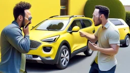 guy arguing on phone next to his lemon shaped kia sportage