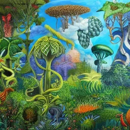 landscape mural of alien plants and animals