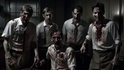 4 men zombies in adark room bloody