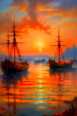 classic french impressionist style painting of a habor at sunset with large ships in the background distorted by mist