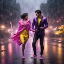 Hyper Realistic handsome-muscular-man-with-short-black-hair wearing yellow-&-black-tuxedo dancing with a beautiful-woman wearing pink-&-purple-hoodie at heavy-rainfall-night with dramatic-&-cinematic-ambiance on an empty road