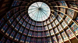 Interior of circular cathedral, cylindrical building, modern experimental style, uplifting, symmetrical, beautiful, inspiring, coloured, exposed stainless steel structure, large beautiful stained-glass windows, volumetric lighting, sunlight through windows, perfect structure, perfect roof, symmetrical, 28mm lens