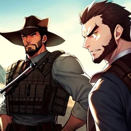 Bearded, gunslinger, short brown hair, serious eyes, serious
