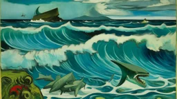 A grayish blue island with raging waves and sharks painted by Paul Gauguin