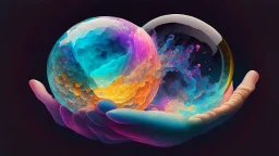 Chrystal ball to look into the future, hands around the ball, smoke appearing inside the ball, pink, dark blue, orange, yellow, aqua blue, very detailed and realistic, ilustration