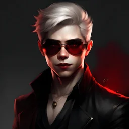 Character: Handsome, youthful vampire Facial Features: Youthful appearance with soft, natural facial features Hair: Tousled whiteblonde hair, styled in a modern fashion Build: Lean and athletic physique, characteristic of a twenty-year-old Clothing: Modern red and black attire with stylish accessories, including red sunglasses Art Style: Realistic portrayal with a focus on natural beauty and youthfulness, ensuring lifelike details and proportions