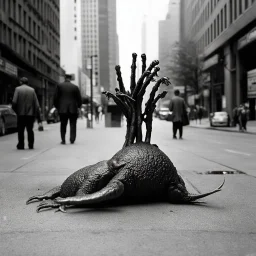 absurd, gnarly, surreal, nihilistic, extra and mismatched underdeveloped proto-human limbs sprouting from a disgusting slug-like creature on a city sidewalk, meandering offset incoherence, experimental taxidermy, minimalism, foreboding, post-humanist pessimism, by Joel Peter Witkin and Roger Ballen