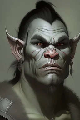 Portrait of an half-orc, grey skin, two large lower tusks, proud look, short dark hair