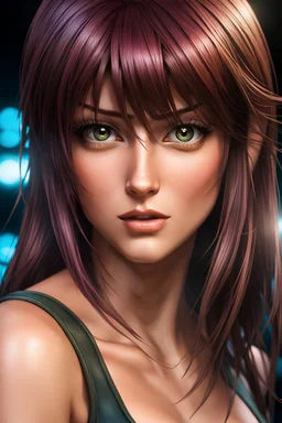 Revy from black lagoon, Photorealistic eyes, head and shoulders, 8k resolution photorealistic portrait by Greg Rutkowski, Artgerm, WLOP, Alphonse Mucha, dynamic lighting, hyperdetailed, intricately detailed, triadic colors, realistic eyes, normal eyes, photography, 50mm lens, portrait, close-up