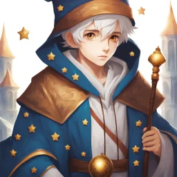 Fantasy World, A boy only wearing a closed wizards robe, and wearing a wizards hat. White Hair. Eyes That Looks Like a Clock.