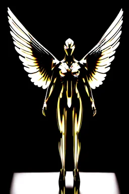 Photography realistic fullbody,facing front Angel Warrior,iron straddle wings, realistic, golden ratio, symmetric, mecha,eyes LED light, metallic polished shiny armour,abstracts background