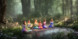 group of beautiful ladies in colour of the rainbow dresses meditating in an enchanted forest with a spring like chalice well at night, candles in the trees, crystals around, insense burning