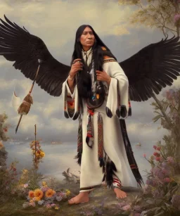 shaman, male native american, long black hair, black hooded coat like wings