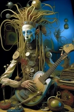 photo by tim walker : loan-blend human-alien biomorphic-animals squid indefinite head extreme wide shot head to toe portrait of weird krofft pufnstuff puppet voodoo cutie sitar player king human nervous systems, renaissance faire alex grey hyper detailed michael cheval with a playful expression made out of mechanical parts and robot arms; cyborg details, unusual and obscure photograph by františek vobecký of a surreal scene of ghastly men, pop art, clive barker style, 300mm f/.8, raw cinematic p