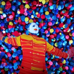 red, yellow, blue, primary colors, funny, goofy, abstract blob, circus, party, glitter, bokeh blur, guassian blur, tilt-shift, photograph, HD, 8k, hyper realistic, blender, 3d model, rendering, clown, bright lights, zoom in, portrait