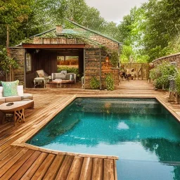 a gorgeous, stunning small deck with rustic floor, wicker furniture, tranquil pool surrounded by smooth stones, multiple candles, plants, cozy, 8k resolution, high-quality, fine-detail, digital art, detailed matte, volumetric lighting, illustration, 3D octane render, brian froud, howard lyon, selina french, annie stokes, lisa parker, greg rutowski