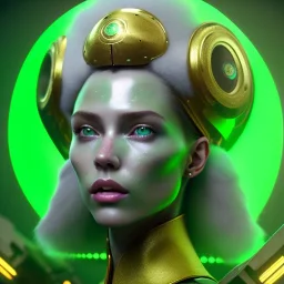 woman, irish, green, heavily made up face, round helmet, decorative color feathers, retro futuristic, latex coat, soft color, highly detailed, art stations, concept art, smooth, unreal engine 5, god rays, ray tracing, RTX, lumen lighting, ultra detail, volumetric lighting, 3d, finely drawn, high definition, high resolution.