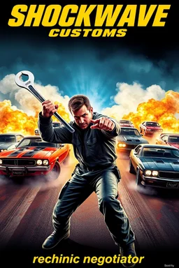 "Design a 90s-style action movie poster titled 'Shockwave Customs.' Feature a heroic mechanic in the foreground, fiercely battling thousands of adversaries with a spanner. In the background, show cars doing burnouts, creating a dynamic and intense scene. Capture the high-energy, gritty aesthetic of classic 90s action films. Prominently display the subtitle 'mechanic negotiator' in bold, impactful lettering."