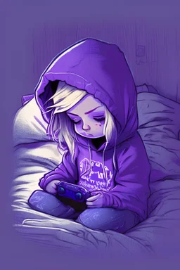 draw a small blonde girl playing video games in a purple hoodie laying in her bed