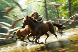 oil painting ,motion blur running caped long haired pixie Quickling - Forgotten Realms dodging geese above water and along winding branches in lush green forest along speeding horses , bokeh like f/0.8, tilt-shift lens 8k, high detail, smooth render, down-light, unreal engine, prize winning