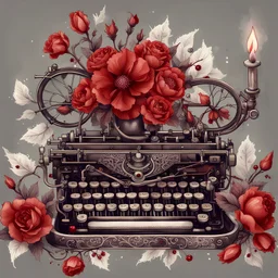 drawing gothic vintage dark red bicycle with flowers, lace and rubies, white background watercolor drawing Gothic vintage printed dark red typewriter with flowers and rubies, white background, Trending on Artstation, {creative commons}, fanart, AIart, {Woolitize}, by Charlie Bowater, Illustration, Color Grading, Filmic, Nikon D750, Brenizer Method, Side-View, Perspective, Depth of Field, Field of View, F/2.8, Lens Flare, Tonal Colors, 8K, Full-HD, ProPhoto RGB, Perfectionism, Rim Li