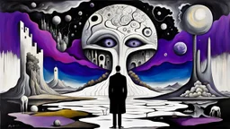 painted inner world with uncontrolled mind and soul, in midle on floating island with a big head statue, over surreal cracked painted weird empty land . some black doors stand on earth. just dark purple, gray, black, white, brown color. Whimsical style of Chagall , of Minjae Lee and of René Magritte. No humans, broken, weird absurd beauty nightmare, in background big neuron network and stars , surreal vibe