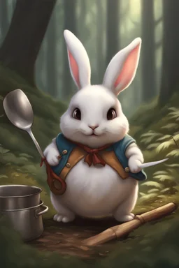 Cute chubby bunny floppy ears adventurer dnd cooking in a forest art realism