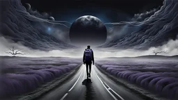 A solitary androgynous figure seen from behind, carrying an oversized heavy dark backpack, walking alone along a long winding road floating on a vast dark sky. Surreal abstract dreamscape, the road curving into endless darkness, abyss, mist, uncertainty and emotional weight, alone caracter, black gray, Dark blue, charcoal and muted purple tones, deep sky, digital art, etheral, atmospheric