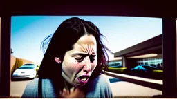 wide angle shot of crying woman leaving hotel parking lot