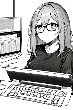 girl with glasses works on a computer in a cafe, line arts, greyscale