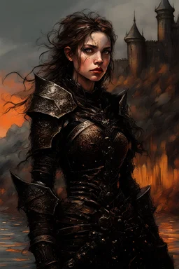 A formidable warrior girl in black armor, on the background Amazing gloomy landscape, flooded with sunset, mountains, trees, fabulous scary hero, , juicy emotions, painting, dark fantasy, gloomy day, dark world, portrait, Gothic Town At Night, Fantasy, Intricate Details, Castle Courtyard Gardens, Hyper Detailed, Jean Baptiste Monge, Carne Griffiths, Michael Garmash, Seb Mckinnon, Masterpiece