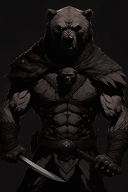 Temný bojovník s telom človeka a s hlavou, ramenami a rukami medveďa