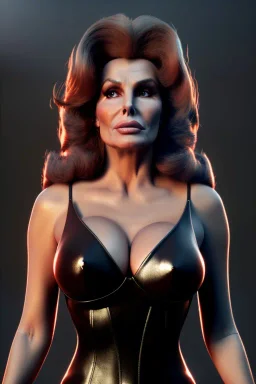 Raquel Welch as evil queen in black leather gown, angry, busty, curvey, cleavage, unreal 5, octane render, cinema4d, dynamic lighting, dramatic lighting, 4k, redshift render, highly detailed, hyper realistic