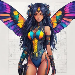 half body, long hair, with detailed blueprints and engineering schematics of a walking hybrid Madagascan sunset moth insect girl, in anime style, drawings, 8k, vibrant natural colors, tight bodysuit, white skin, wings above shoulder