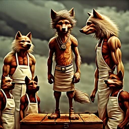 stands on top a wooden box a thin, young sad anthropomorphic wolf in full body hair with autentic wood-bone necklace hanging in his neck and in white belt , front him two older anthropomorphic wolves white Chef's Bib Snap Apron look at him, stormy sky, in blur background more different anthropomorphic wolves stand in body hair and looking them , realistic, detailed, cinematic, sci-fi, digital art, fantasy mood