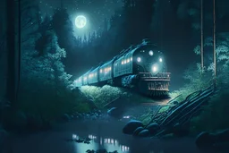 weather train in moonlit forest by stream, book illustration, fine detail, 4k, trending, volumetric light, depth of field