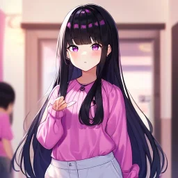 Clear focus,High resolution, Black long fluffy hair, and purple eyes, wearing a shorts,and a pink shirt, Loli