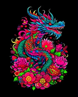a sticker, artwork of t shirt Neo traditional of majestic Dragon in digital painting style , beautiful dragon using Chinese culture, Black background, colorful fantasy flower surround, highly detailed clean, vector image, photorealistic masterpiece, flat black background, isometric, vibrant vector, clipart, illustration, realism, 4k, , cinematic, front view, Black background