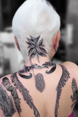 a woman white hair luxury stlye tatto in a street