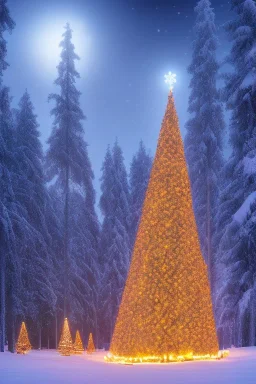 Huge lonely Christmas tree full of lights in a dark snowy forest, warm glow, multiple deer walking by, small cabin beside, deer, cabin