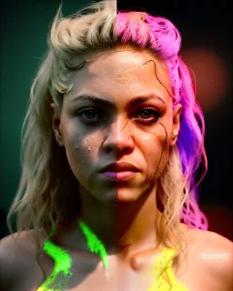 portrait, Shakira, blonde artist, angry, Realistic image, MMA robe, hoodie, mouthguard, nose, band aid, loose long hair, eyes make up, line gold make up, glow, circle iris. Rain, fog, Neon colors, leds. Dark background, photo studio, concept art, smooth, unreal engine 5, god lights, ray tracing, RTX, lumen lighting, ultra detail, volumetric lighting, 3d, finely drawn, high definition, 4k.