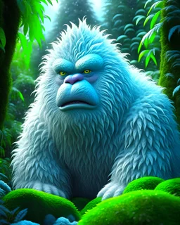 Craft a breathtaking 4K image of the legendary Yeti in the rainforest, showcasing hyper-realistic details. Capture the elusive creature amidst lush greenery, with every raindrop and strand of its shaggy fur meticulously depicted. Create a sense of awe and mystery as the Yeti's piercing gaze meets the viewer, immersed in the vibrant ecosystem of the rainforest. Let your art transport viewers into a world where myth and reality blend, leaving them captivated by the beauty and enigma of this mythic
