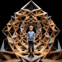 a 3d structure fractal based on tiangles with small spheres at joints ,with a 8 years old boy standing in center