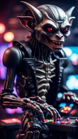 full figure portrait of a vampire werewolf robot goblin gremlin with mustage playing a VR arcade game, in the style of Giger,bokeh like f/0.8, tilt-shift lens 8k, high detail, smooth render, down-light, unreal engine, prize winning