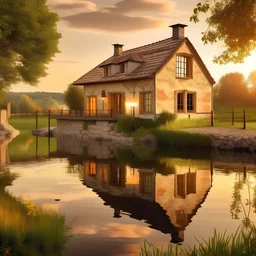 A rustic villa nestled beside a tranquil river, enjoying the warm sunset glow with reflections on the water, providing a peaceful retreat.