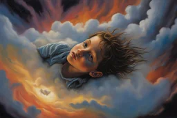 A child having a nightmare floating on a cloud painted by Clive Barker. concept art, mid shot, intricately detailed, color depth, dramatic, 2/3 face angle, side light, colorful background